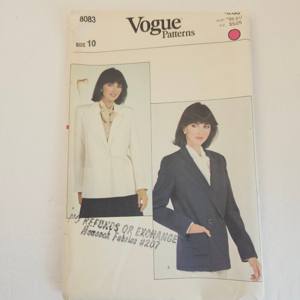Vogue Patterns UNCUT 8083 Size 10 Jacket Blazer Lined Single/Double Breasted